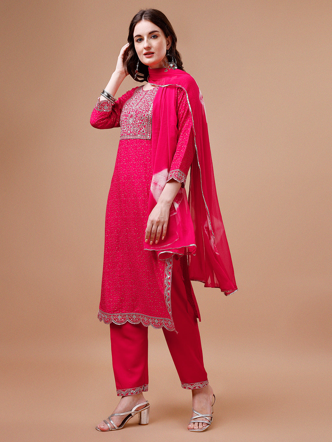 Yoke & Hem Embroidered Bandhani Printed Kurta,Pant & Dupatta Set, Multicolor - Hiral Fashion - Distacart
