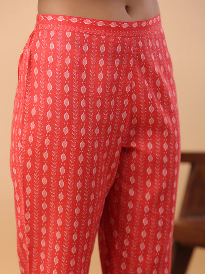 Janasya Regular Poly Cotton Red Printed Square Neck Set - Distacart