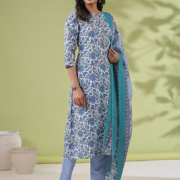 Janasya Regular Poly Cotton White Floral Round Neck Kurta Set - Distacart