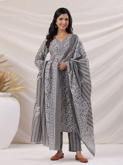 Janasya Regular Poly Cotton Grey Ethnic Motifs V-Neck Kurta,Bottom & Dupatta - Distacart