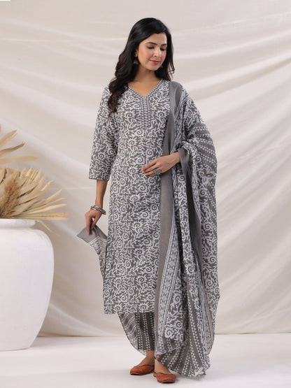 Janasya Regular Poly Cotton Grey Ethnic Motifs V-Neck Kurta,Bottom & Dupatta - Distacart