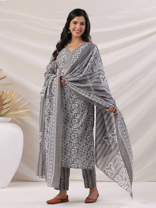 Janasya Regular Poly Cotton Grey Ethnic Motifs V-Neck Kurta,Bottom & Dupatta - Distacart