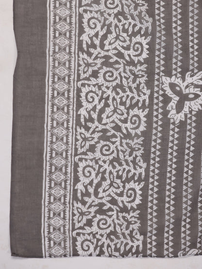 Janasya Regular Poly Cotton Grey Ethnic Motifs V-Neck Kurta,Bottom & Dupatta - Distacart