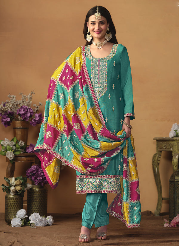Vegaa Fashion Sky Blue Chinon Silk Embroidered Salwar Suit