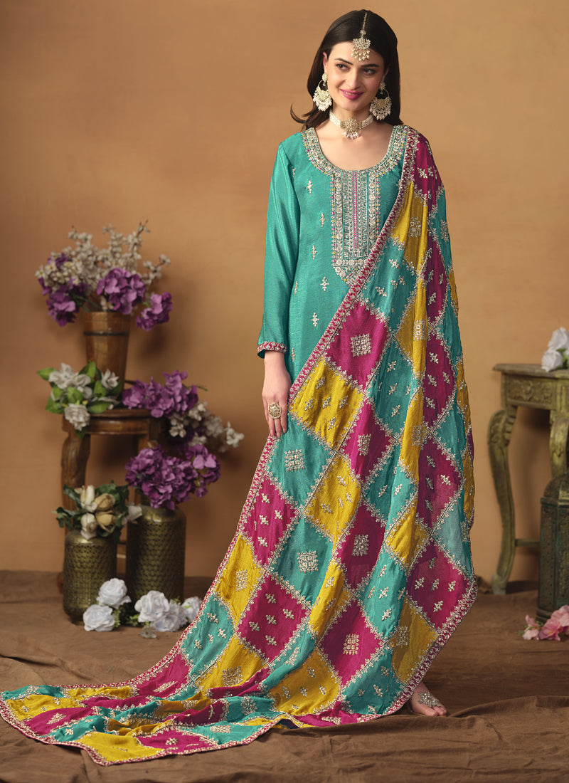 Vegaa Fashion Sky Blue Chinon Silk Embroidered Salwar Suit