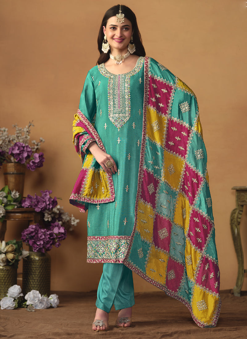 Vegaa Fashion Sky Blue Chinon Silk Embroidered Salwar Suit - Distacart