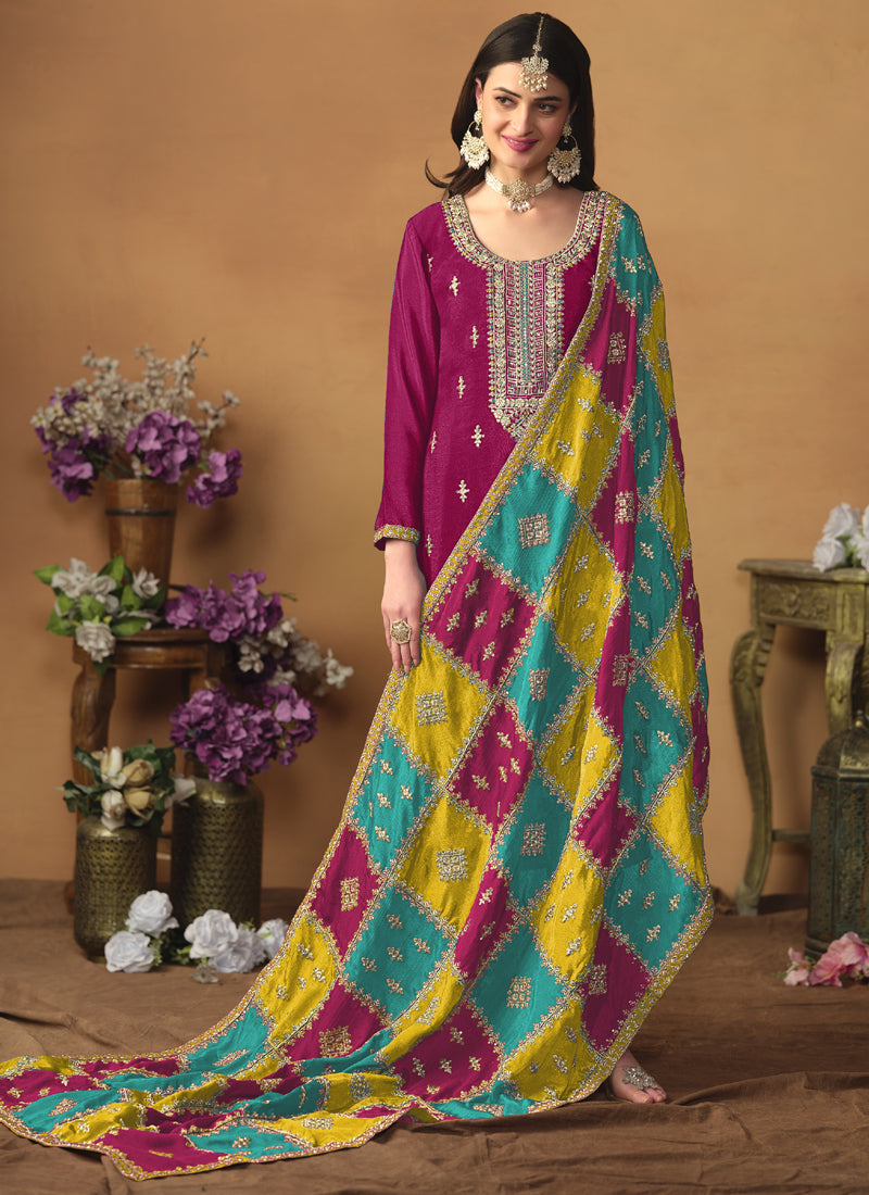 Vegaa Fashion Rani Pink Chinon Silk Embroidered Salwar Suit