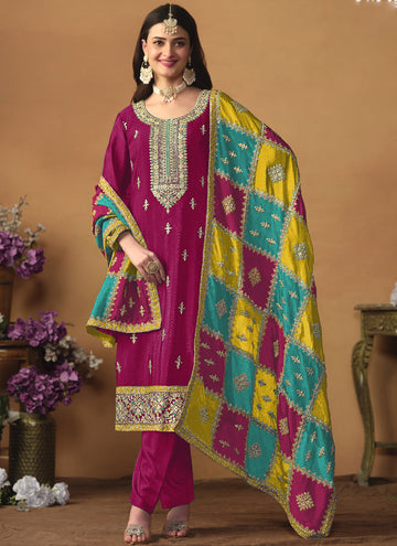 Vegaa Fashion Rani Pink Chinon Silk Embroidered Salwar Suit - Distacart