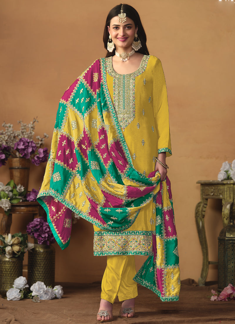 Vegaa Fashion Yellow Chinon Silk Embroidered Salwar Suit - Distacart