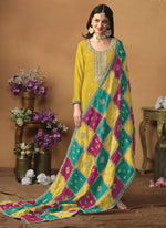 Thumbnail for Vegaa Fashion Yellow Chinon Silk Embroidered Salwar Suit