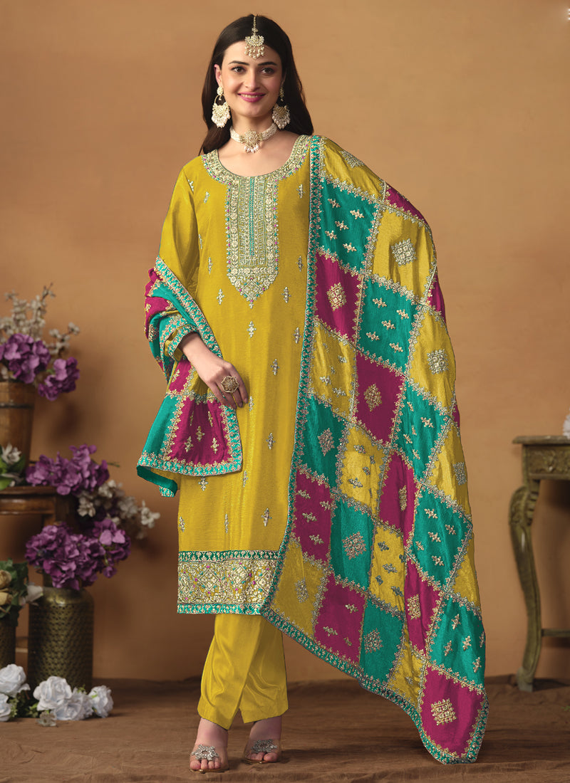 Vegaa Fashion Yellow Chinon Silk Embroidered Salwar Suit - Distacart