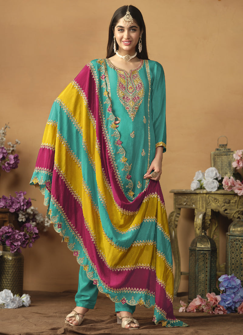 Vegaa Fashion Sky Blue Chinon Silk Embroidered Salwar Suit - Distacart