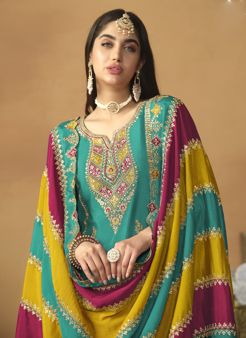 Vegaa Fashion Sky Blue Chinon Silk Embroidered Salwar Suit
