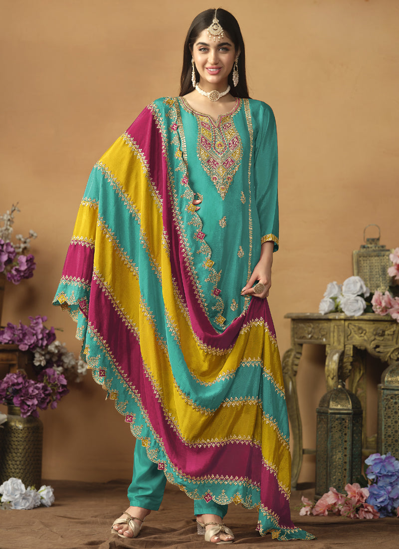 Vegaa Fashion Sky Blue Chinon Silk Embroidered Salwar Suit - Distacart