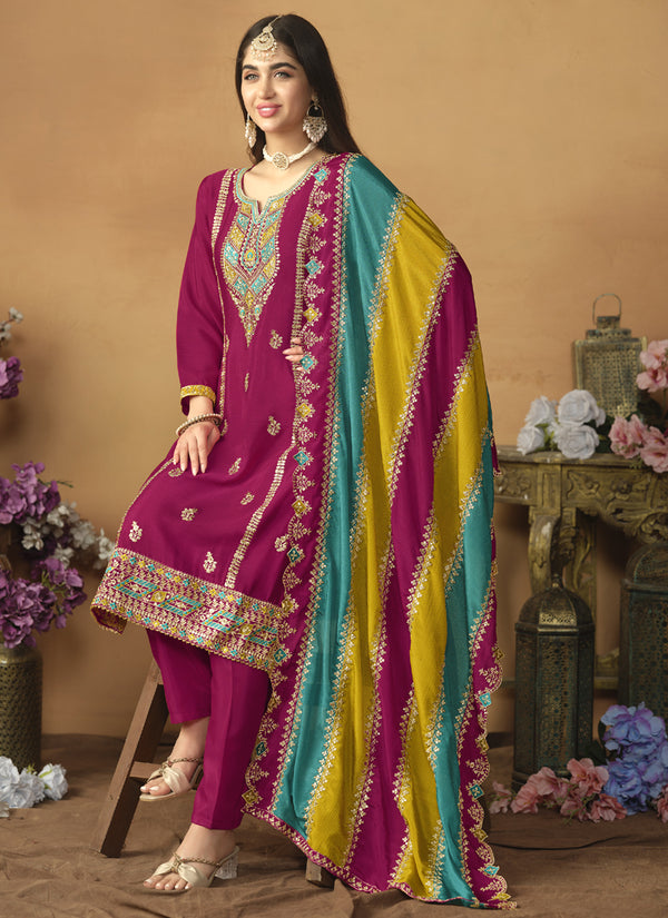 Vegaa Fashion Rani Pink Chinon Silk Embroidered Salwar Suit