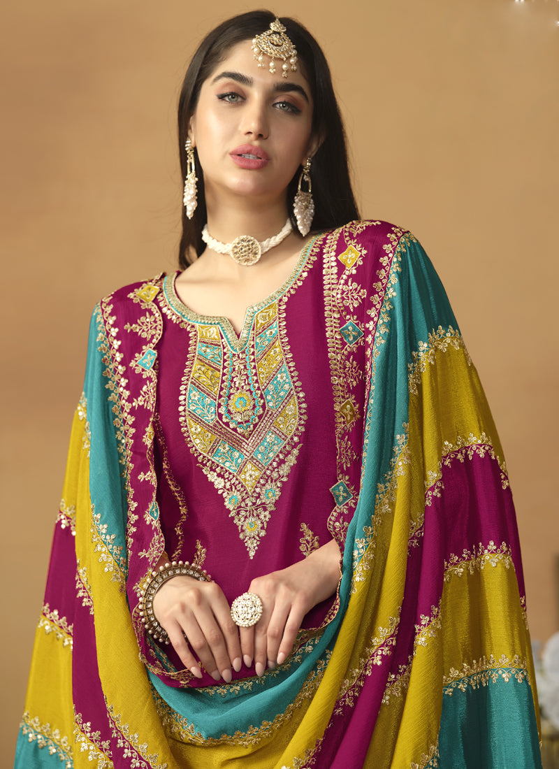 Vegaa Fashion Rani Pink Chinon Silk Embroidered Salwar Suit
