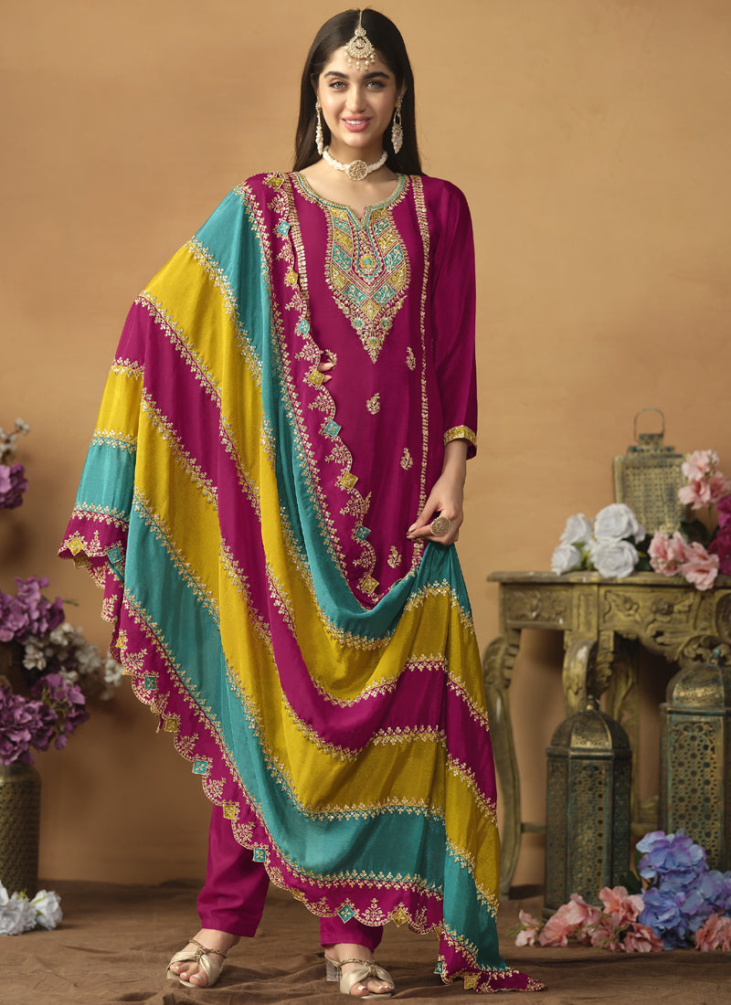 Vegaa Fashion Rani Pink Chinon Silk Embroidered Salwar Suit - Distacart