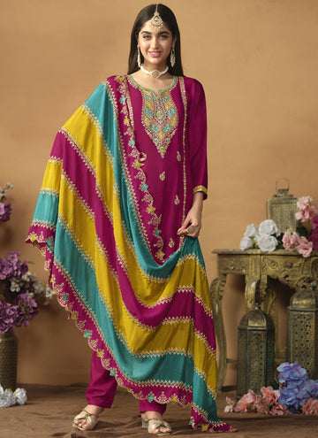 Vegaa Fashion Rani Pink Chinon Silk Embroidered Salwar Suit - Distacart