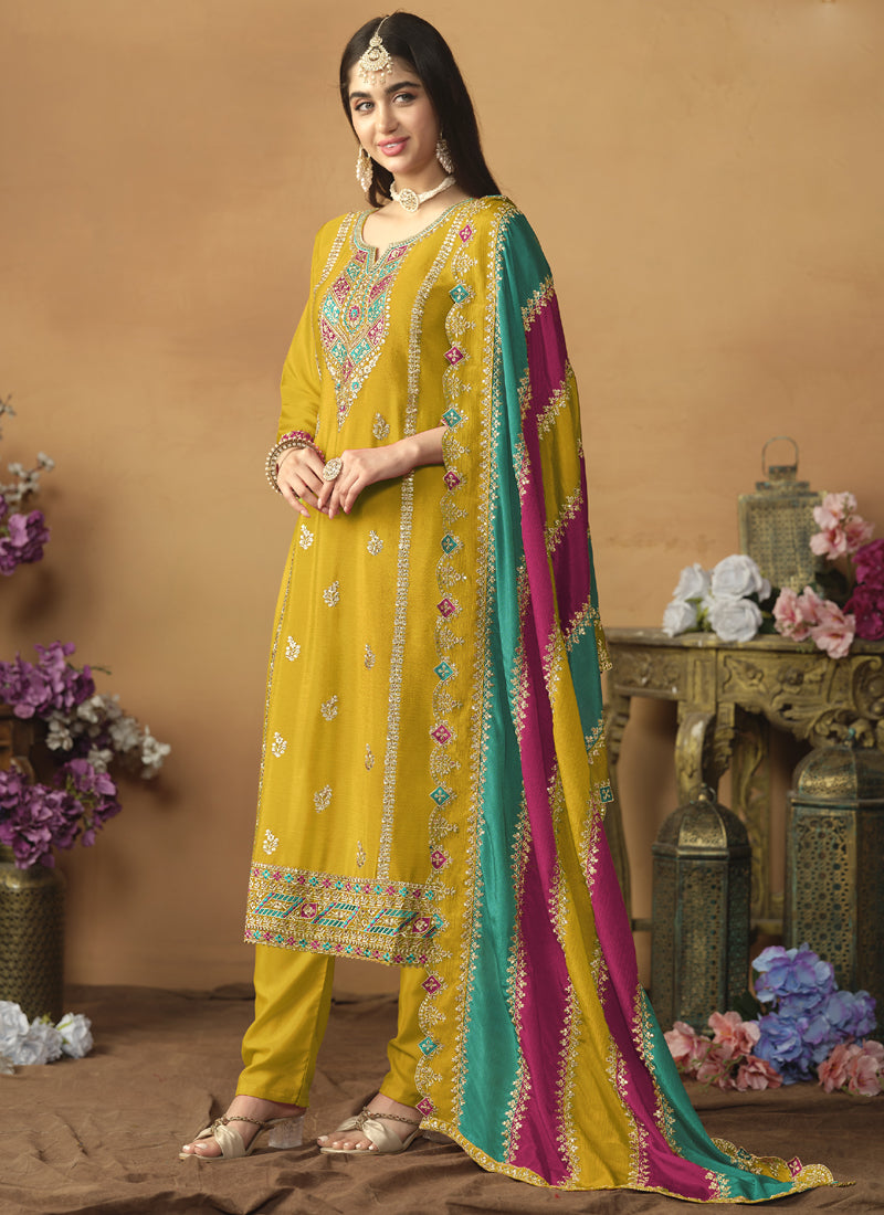 Vegaa Fashion Yellow Chinon Silk Embroidered Salwar Suit - Distacart
