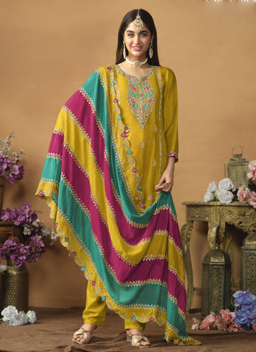 Vegaa Fashion Yellow Chinon Silk Embroidered Salwar Suit - Distacart