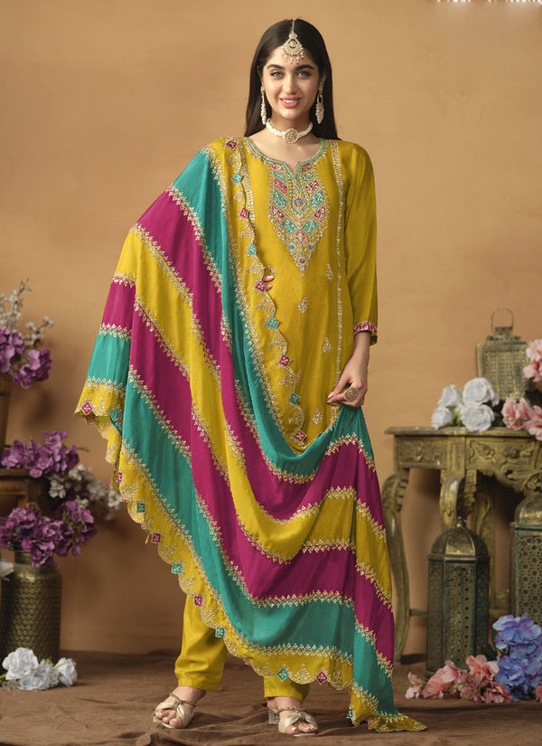 Vegaa Fashion Yellow Chinon Silk Embroidered Salwar Suit