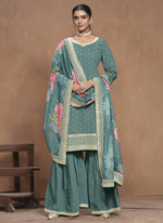Thumbnail for Vegaa Fashion Grey Roman Silk Embroidered Palazzo Suit