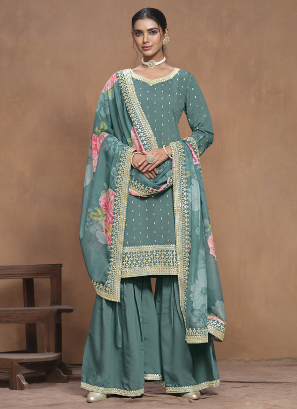 Vegaa Fashion Grey Roman Silk Embroidered Palazzo Suit