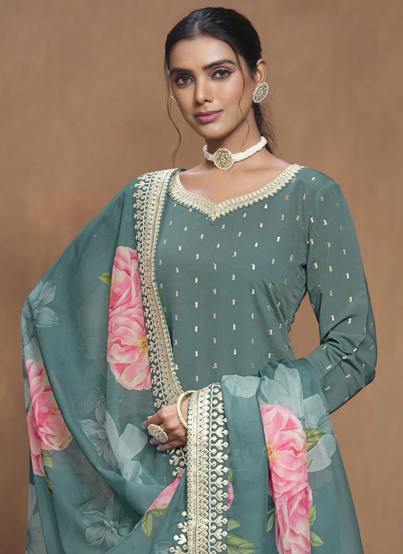 Vegaa Fashion Grey Roman Silk Embroidered Palazzo Suit