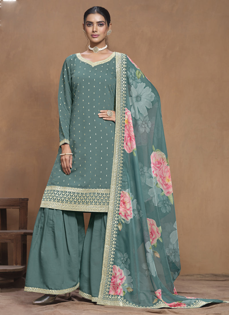 Vegaa Fashion Grey Roman Silk Embroidered Palazzo Suit - Distacart
