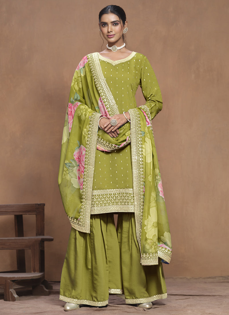 Vegaa Fashion Parrot Green Roman Silk Embroidered Palazzo Suit - Distacart