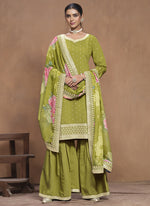 Thumbnail for Vegaa Fashion Parrot Green Roman Silk Embroidered Palazzo Suit