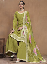 Thumbnail for Vegaa Fashion Parrot Green Roman Silk Embroidered Palazzo Suit