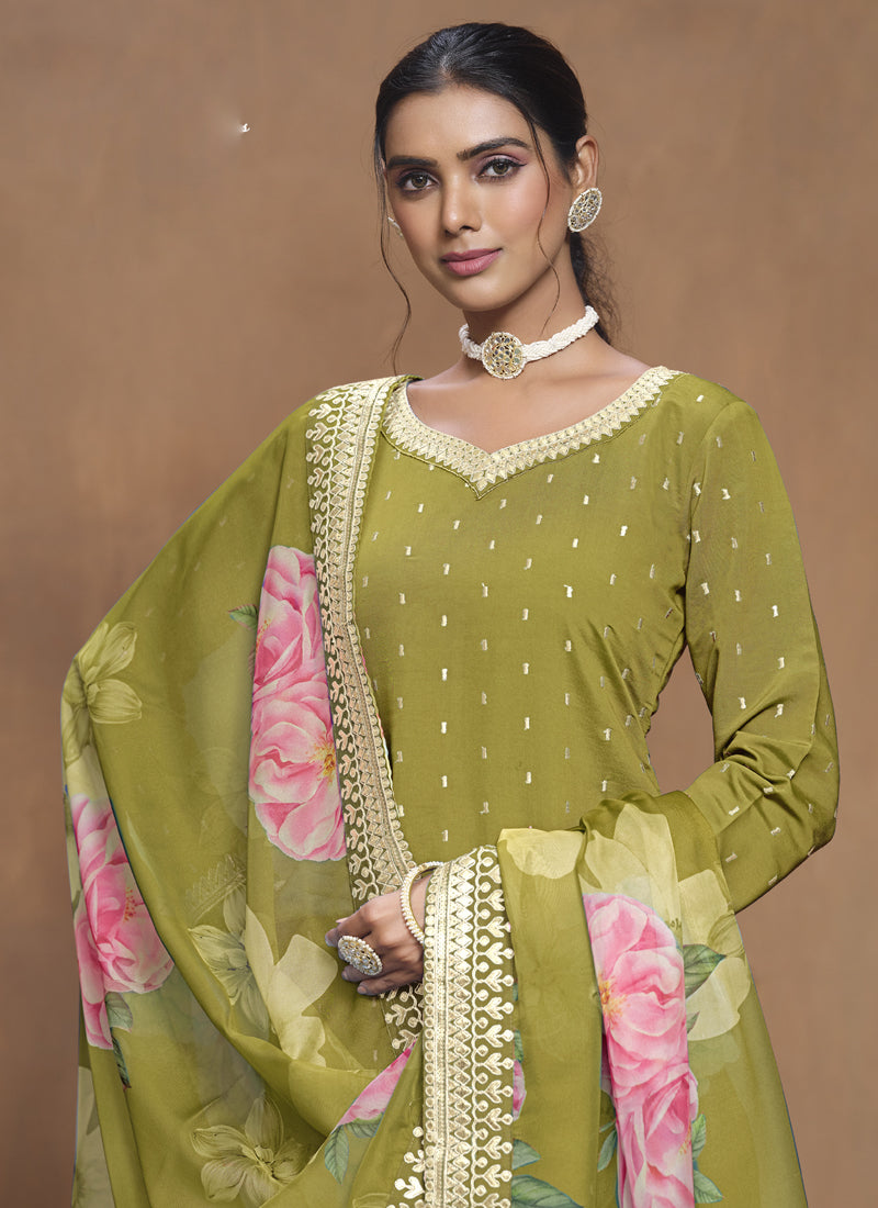 Vegaa Fashion Parrot Green Roman Silk Embroidered Palazzo Suit