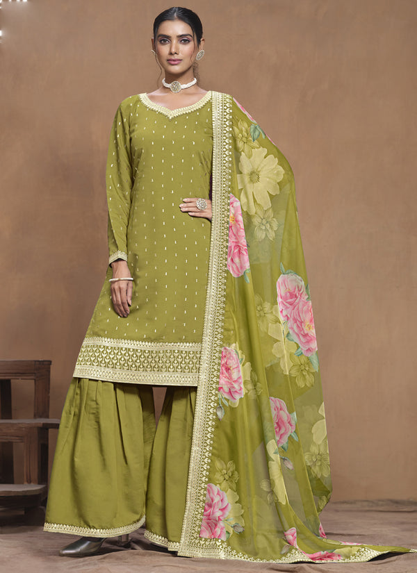 Vegaa Fashion Parrot Green Roman Silk Embroidered Palazzo Suit