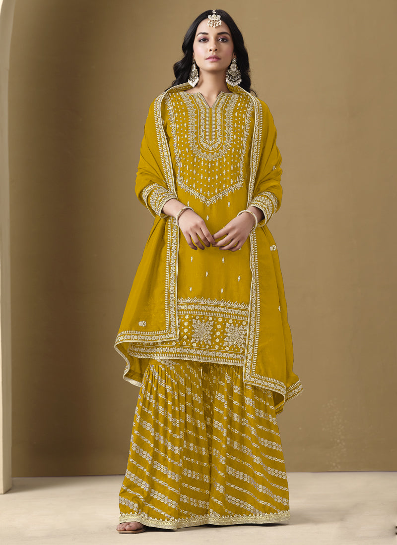 Vegaa Fashion Yellow Art Silk Embroidered Designer Palazzo Suit - Distacart