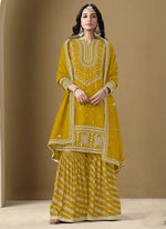 Thumbnail for Vegaa Fashion Yellow Art Silk Embroidered Designer Palazzo Suit