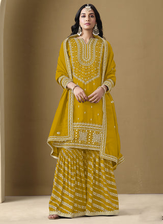 Vegaa Fashion Yellow Art Silk Embroidered Designer Palazzo Suit