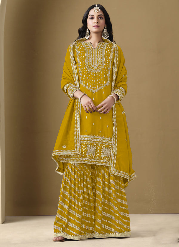 Vegaa Fashion Yellow Art Silk Embroidered Designer Palazzo Suit