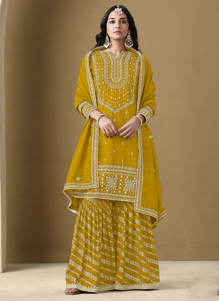 Vegaa Fashion Yellow Art Silk Embroidered Designer Palazzo Suit