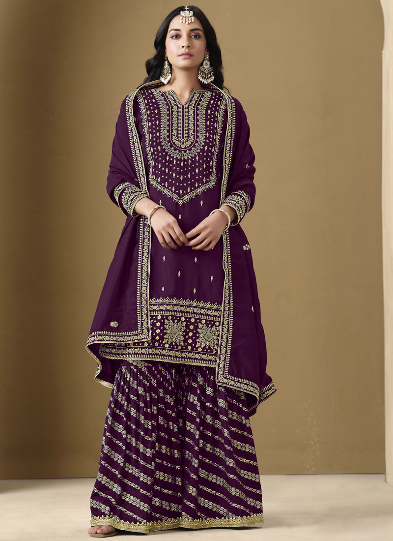 Vegaa Fashion Wine Art Silk Embroidered Designer Palazzo Suit - Distacart