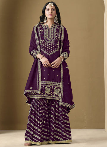 Vegaa Fashion Wine Art Silk Embroidered Designer Palazzo Suit - Distacart