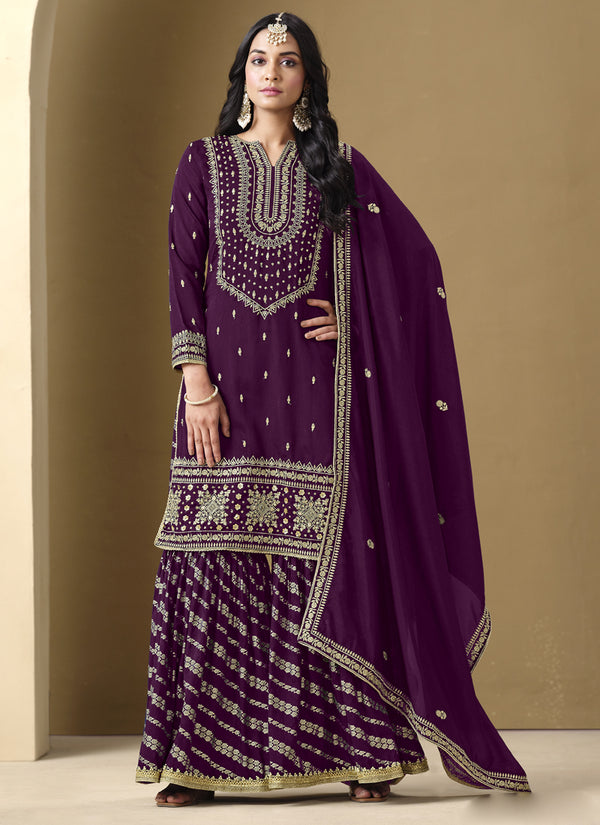Vegaa Fashion Wine Art Silk Embroidered Designer Palazzo Suit