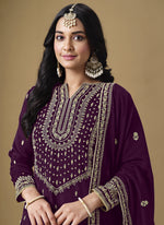Thumbnail for Vegaa Fashion Wine Art Silk Embroidered Designer Palazzo Suit