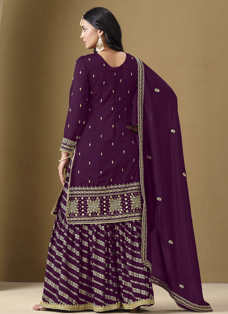 Vegaa Fashion Wine Art Silk Embroidered Designer Palazzo Suit