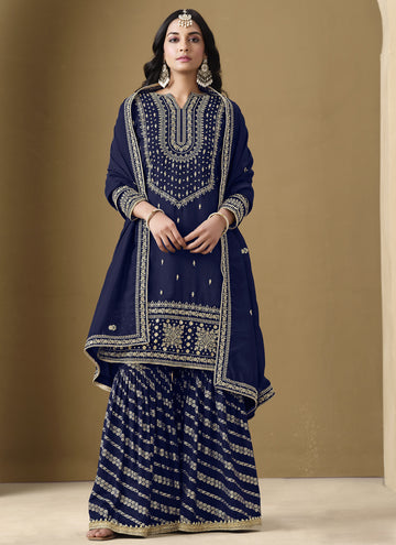 Vegaa Fashion Navy Blue Art Silk Embroidered Designer Palazzo Suit - Distacart