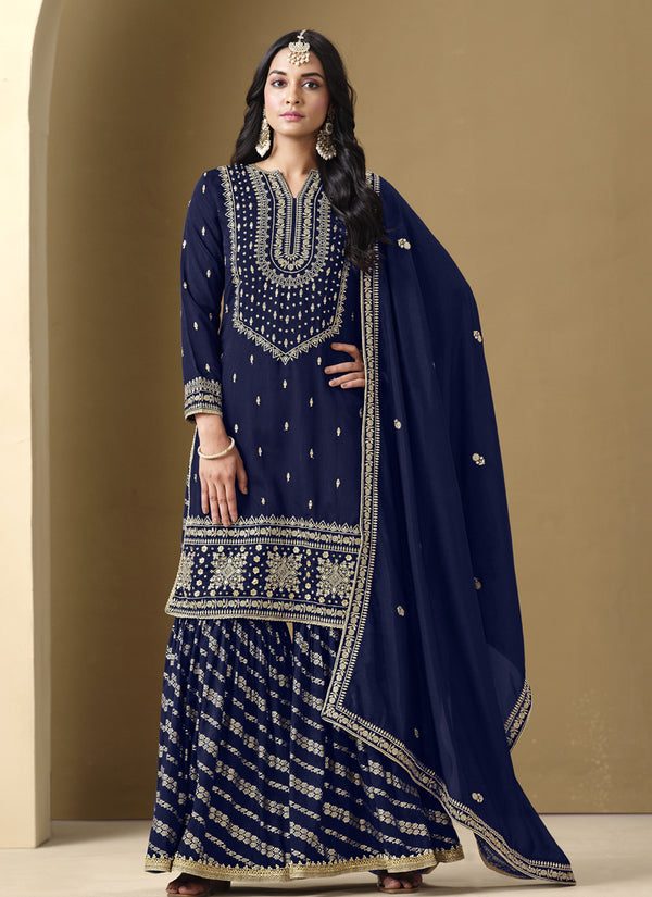 Vegaa Fashion Navy Blue Art Silk Embroidered Designer Palazzo Suit