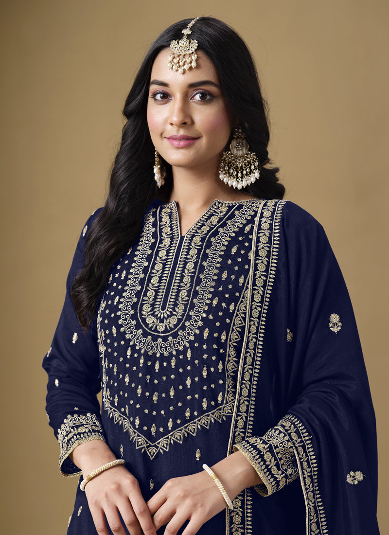 Vegaa Fashion Navy Blue Art Silk Embroidered Designer Palazzo Suit