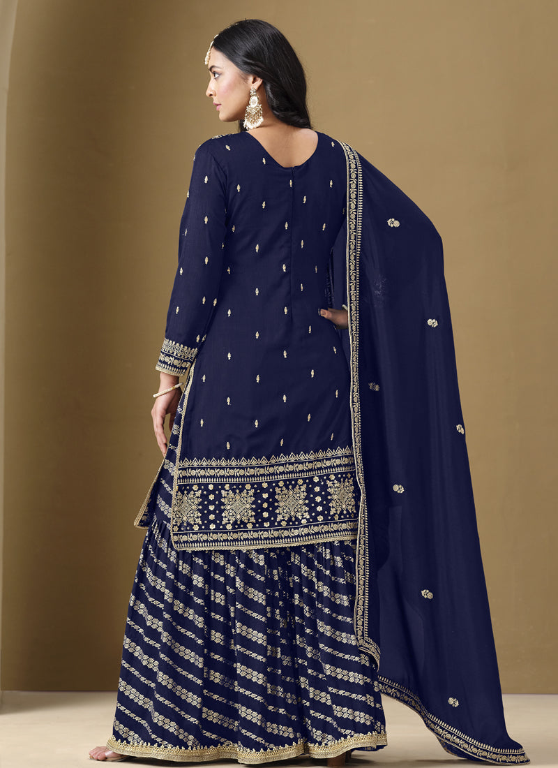 Vegaa Fashion Navy Blue Art Silk Embroidered Designer Palazzo Suit