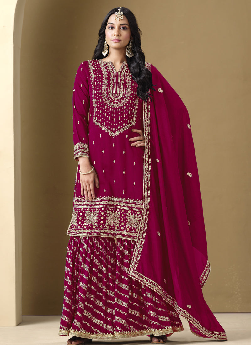Vegaa Fashion Rani Pink Art Silk Embroidered Designer Palazzo Suit - Distacart