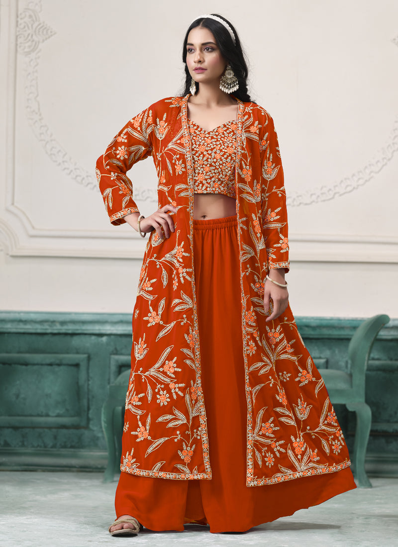 Vegaa Fashion Orange Faux Georgette Embroidered Western Sharara Suit